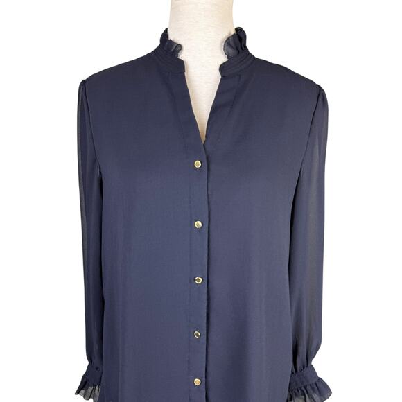 Carmen Marc Valvo Navy Sheer Chiffon Long Sleeve Button Up Business Blouse - Picture 2 of 13